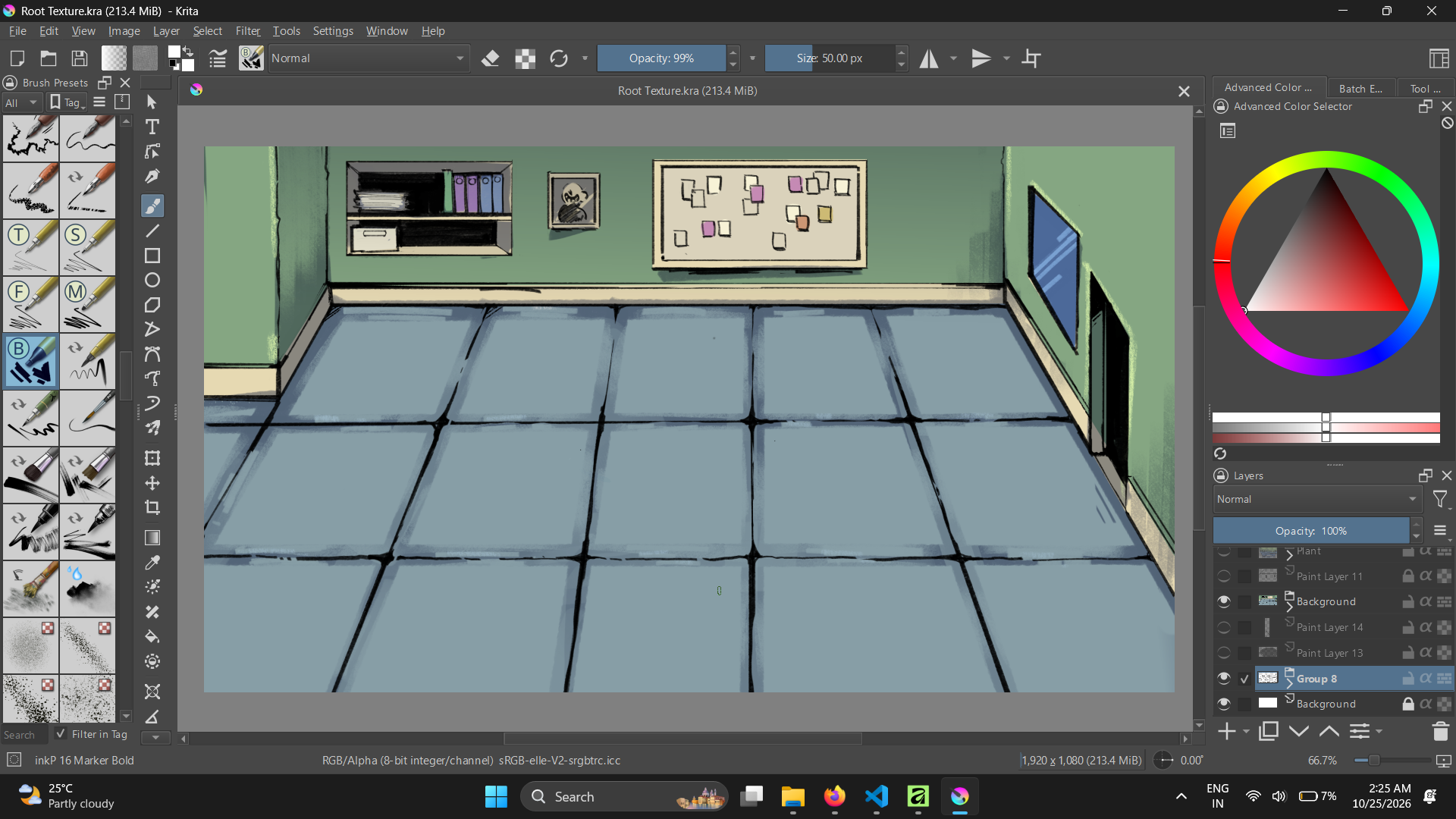 The office environment artwork being developed in Krita